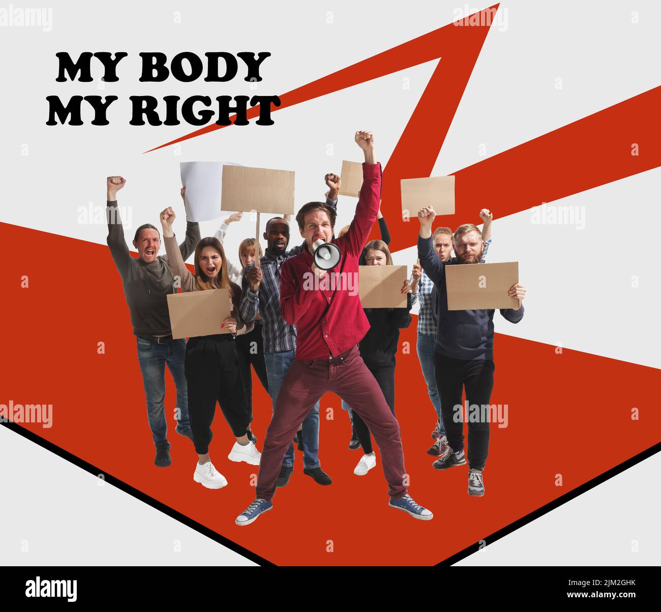 Immagine concettuale creativa con i giovani in sciopero contro il rafforzamento della legge sull'aborto, dei diritti delle donne, del diritto di scelta, della salute e della libertà Foto Stock