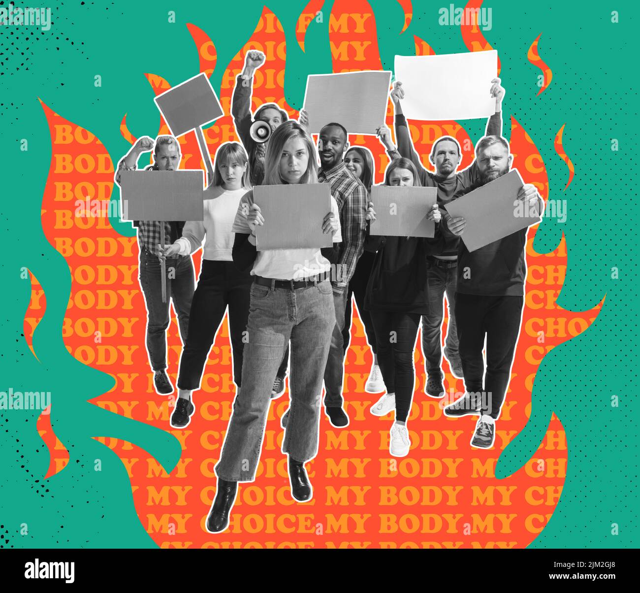 Immagine concettuale creativa con i giovani in sciopero contro il rafforzamento della legge sull'aborto, dei diritti delle donne, del diritto di scelta, della salute e della libertà Foto Stock