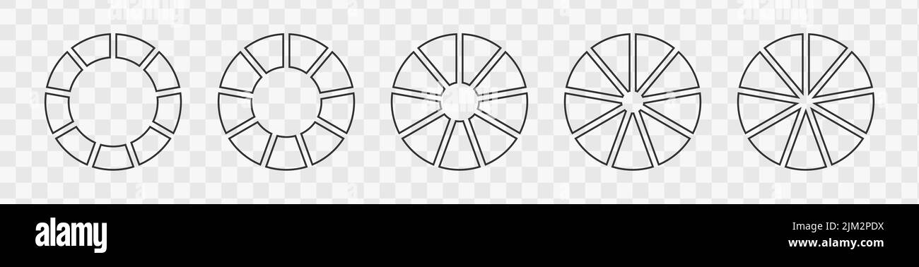 Delineare carte o torte ciambelle separate su 9 parti uguali. Set di ruote infografiche segmentate in nove frazioni. Diagrammi rotondi isolati su sfondo trasparente. Illustrazione grafica vettoriale Illustrazione Vettoriale