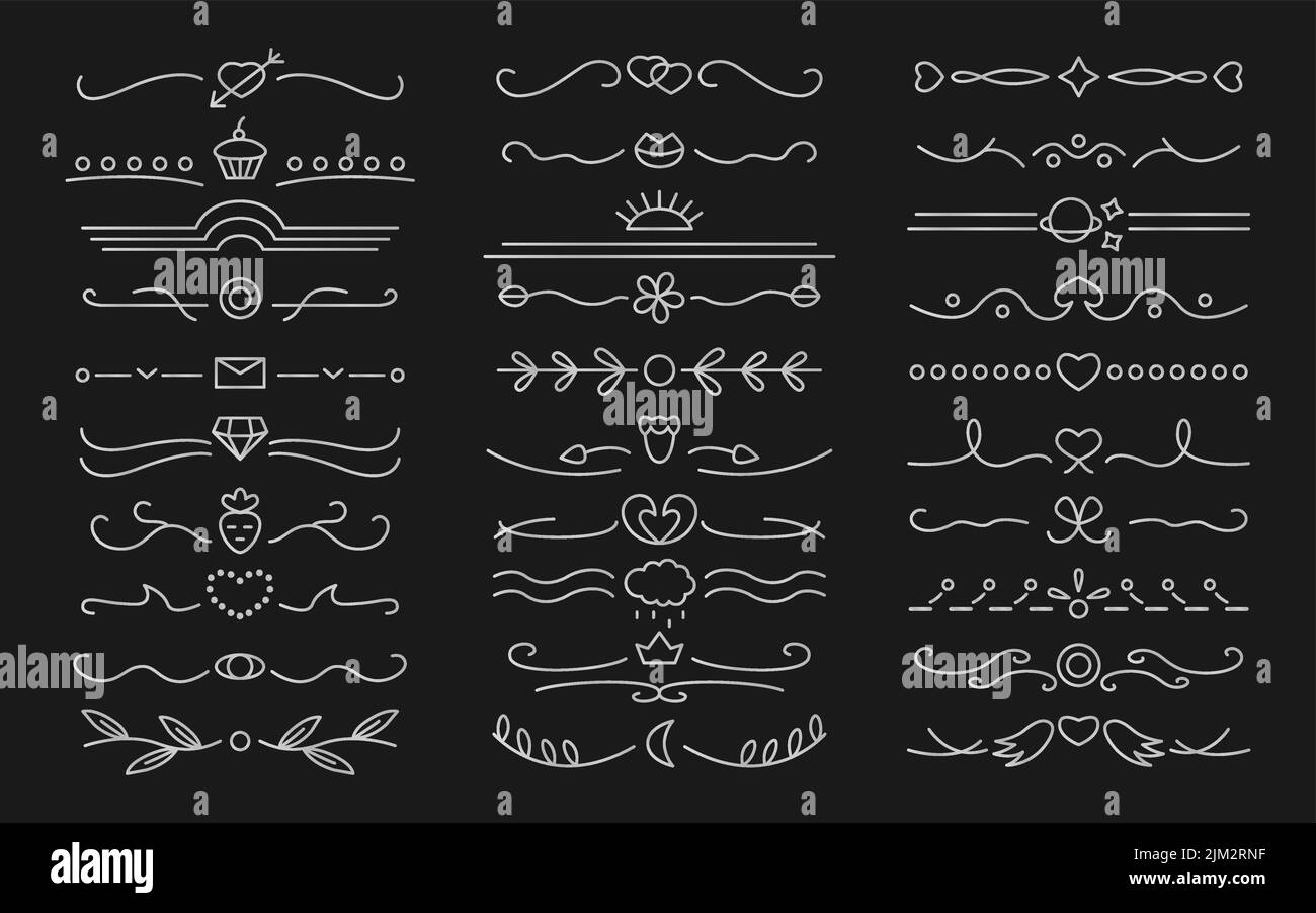 Set divisori a linea sottile argento. Sottolineatura bordo su pagina di testo, libro, invito, biglietto di nozze, menu. Decorazione per documenti cartacei e certificati, linee e onde. Vortice confini vittoriani Illustrazione Vettoriale