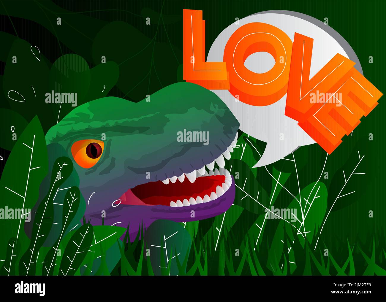 Dinosauro con fumetto che dice Amore parola. Tyrannosaurus Rex con pensieri. Illustrazione Vettoriale