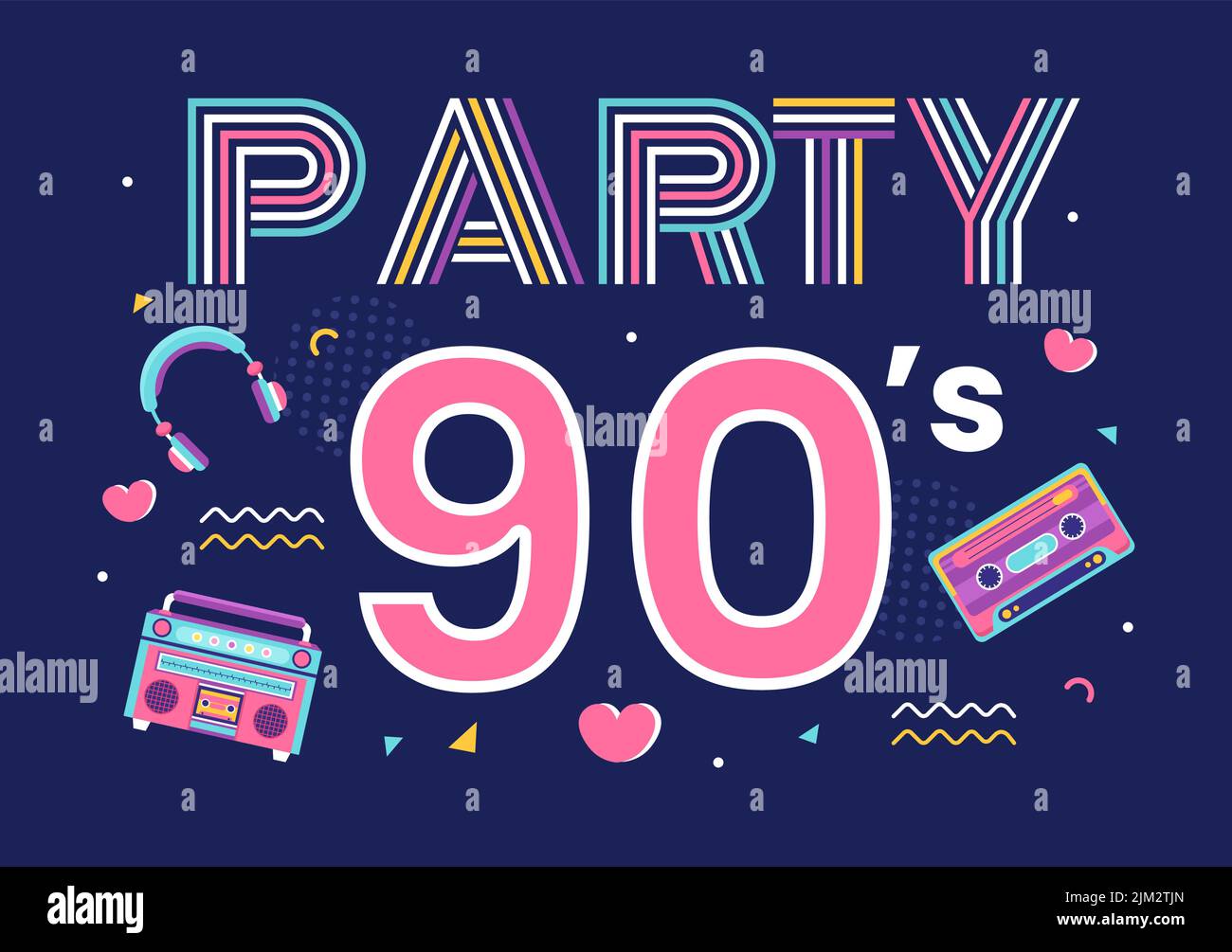 90s retro Party Cartoon background Illustration with N90 Music, Sneakers, radio, Dance Time e Tape Cassette in Trendy Flat Style Design Illustrazione Vettoriale