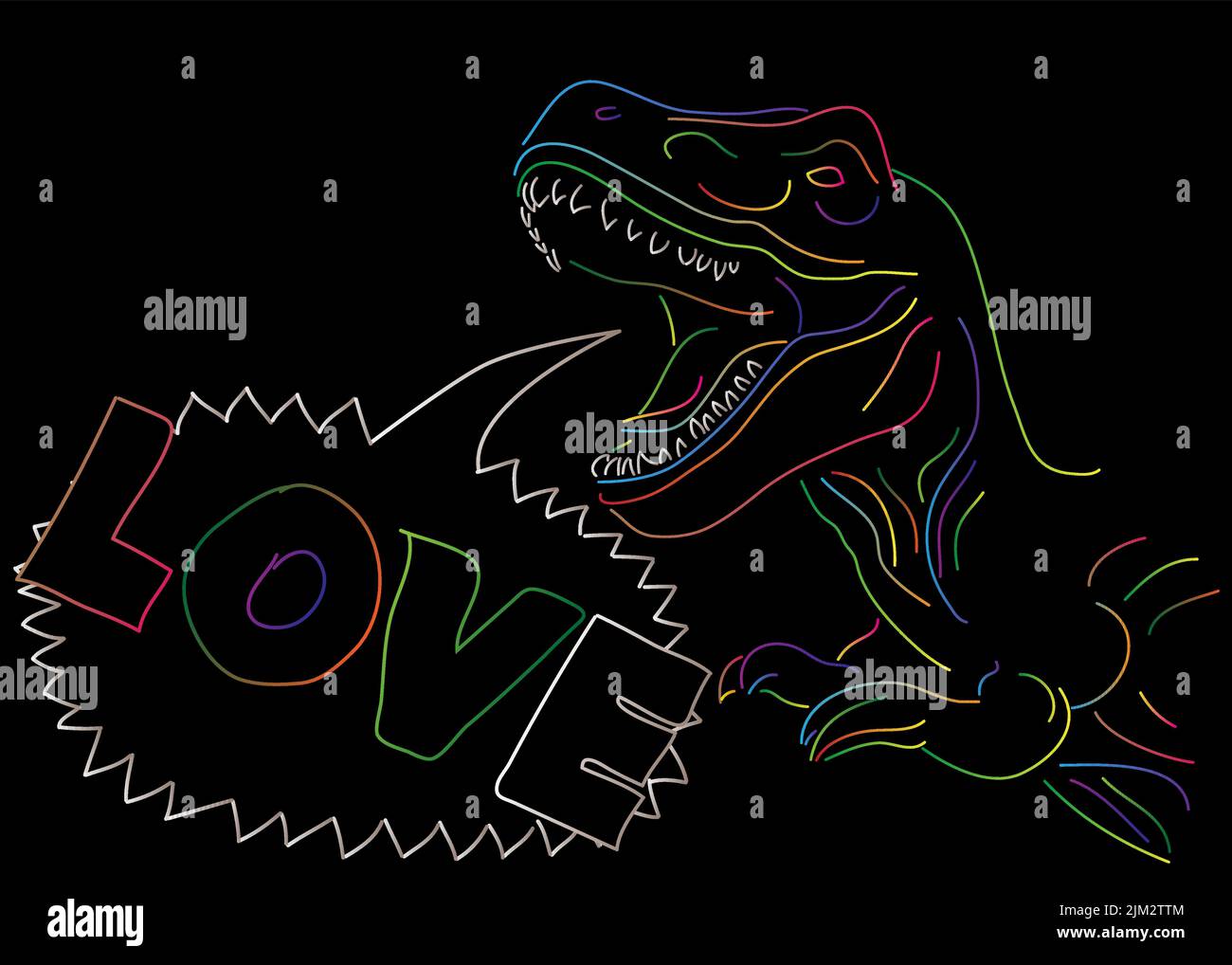 Dinosauro con fumetto che dice Amore parola. Tyrannosaurus Rex con pensieri. Illustrazione Vettoriale