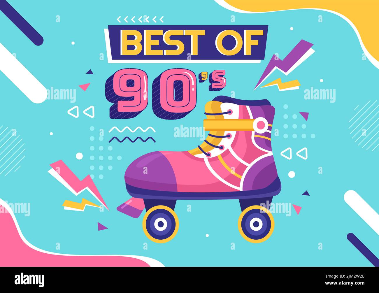 90s retro Party Cartoon background Illustration with N90 Music, Sneakers, radio, Dance Time e Tape Cassette in Trendy Flat Style Design Illustrazione Vettoriale