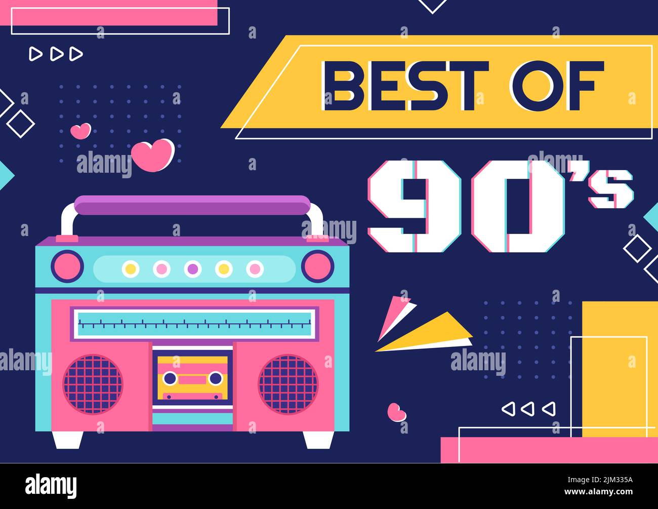 90s retro Party Cartoon background Illustration with N90 Music, Sneakers, radio, Dance Time e Tape Cassette in Trendy Flat Style Design Illustrazione Vettoriale