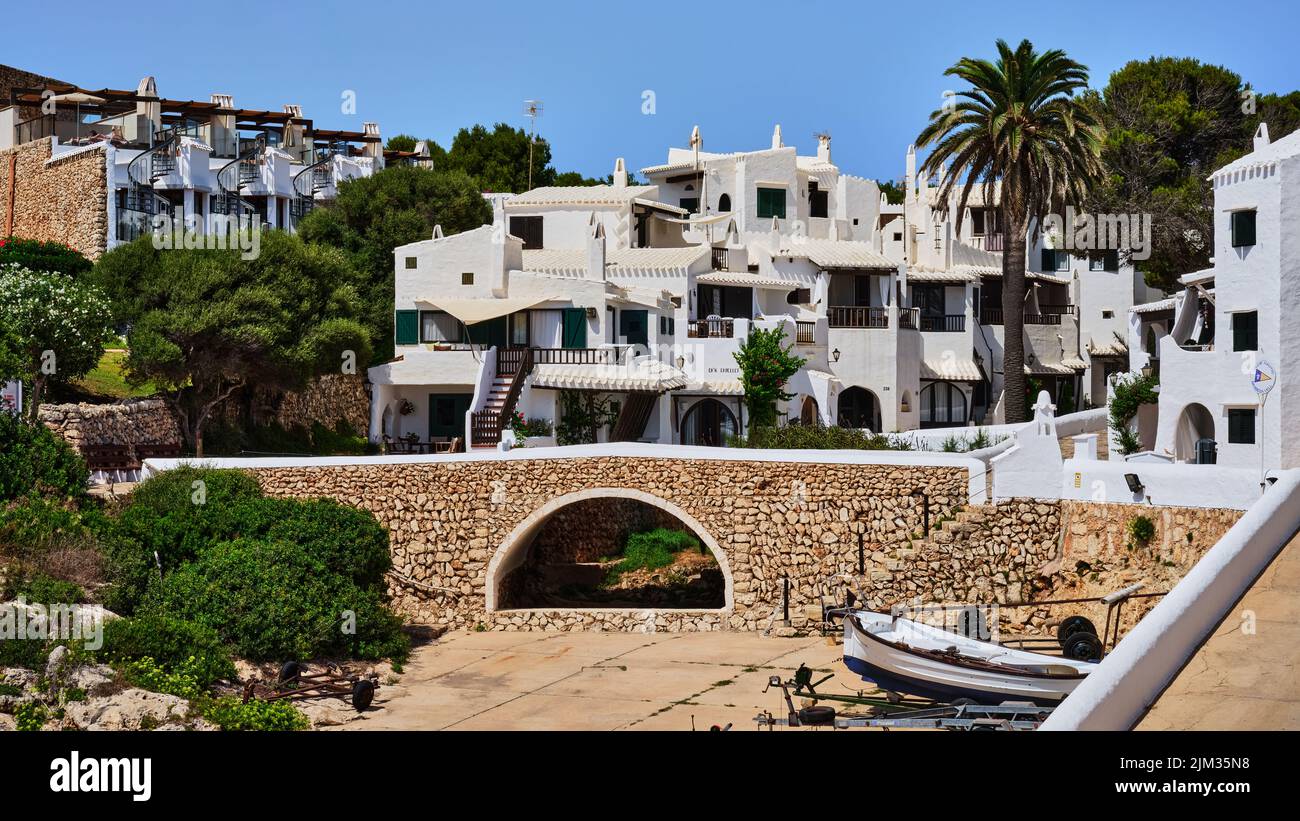 Binibeca Vell villaggio bianco architettura in Minorca isola, Spagna Foto Stock