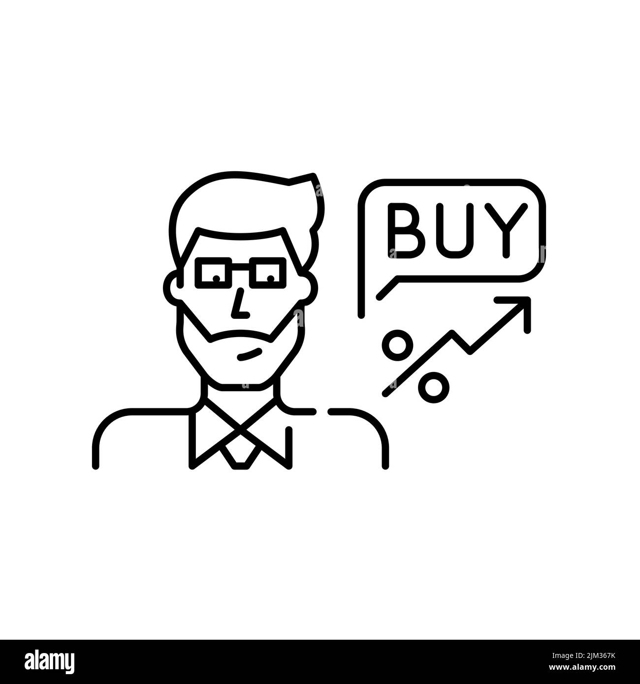 Consulente di negoziazione di azioni con messaggio di acquisto. Icona della linea di traccia modificabile pixel Perfect Illustrazione Vettoriale