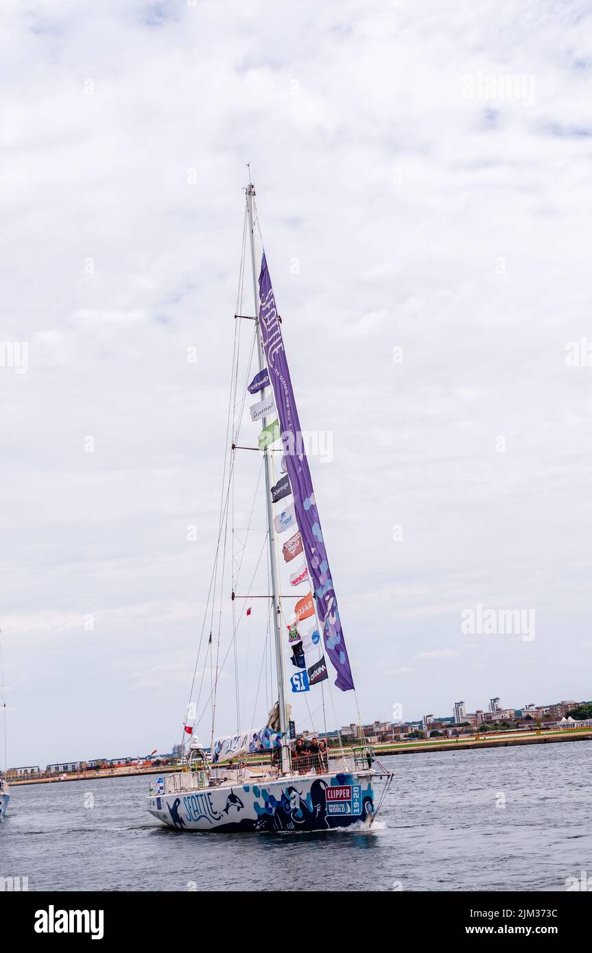 Il Seattle Clipper Round The World Yacht Race termina al Royal Albert Dock su East Ham, Newham Foto Stock