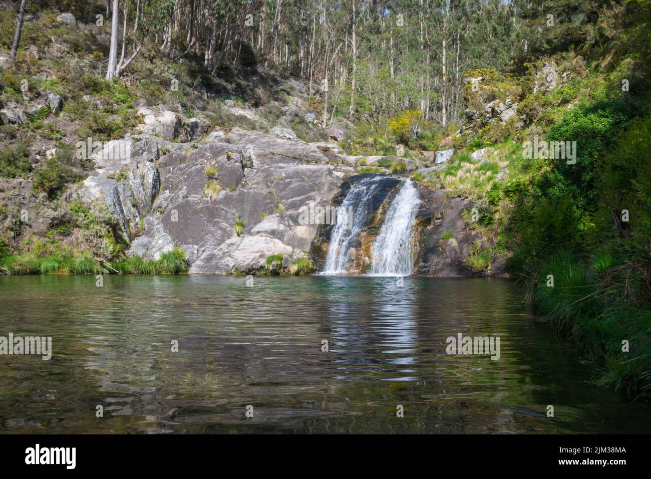 Vista di una splendida cascata in una foresta. Mougas - Oia - Spagna Foto Stock