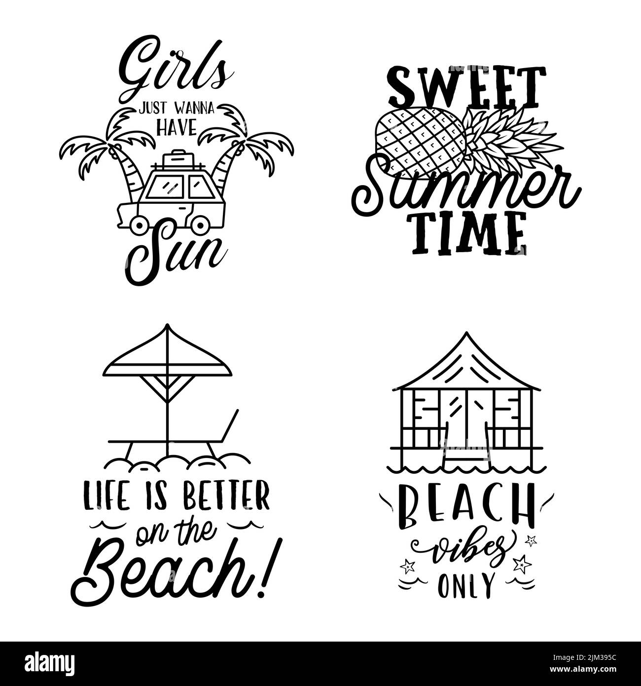 I badge estivi sono impostati con diverse citazioni e frasi - la vita è migliore in spiaggia. Logo spiaggia retrò. Etichette e emblemi vintage per il surf. Vettore di stock Illustrazione Vettoriale