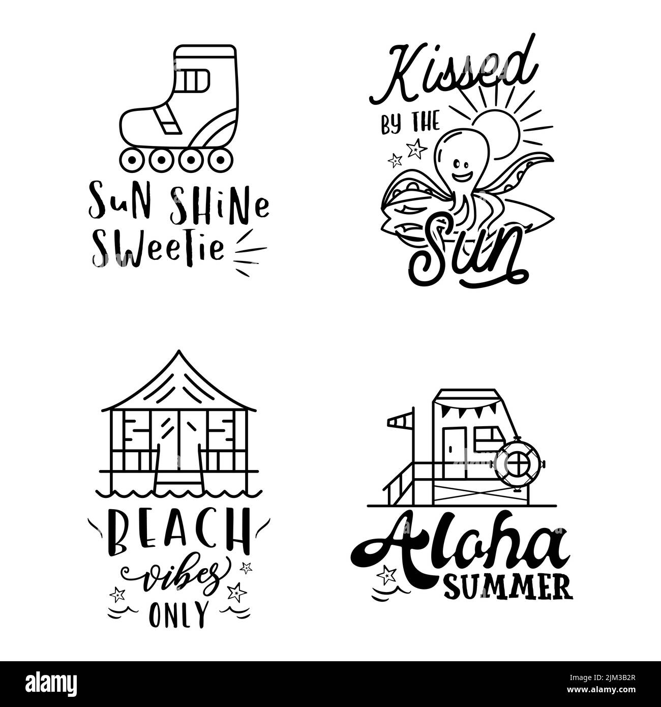 Distintivi estivi con citazioni e parole diverse - Sun Shine Sweetie. Loghi retro spiaggia. Etichette e emblemi da surf vintage. Grafica vettoriale stock Illustrazione Vettoriale