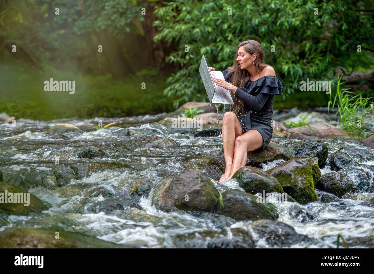 la donna preoccupata tira fuori l'acqua e soccola il laptop che è caduto nel fiume, incidente di lavoro di festa Foto Stock