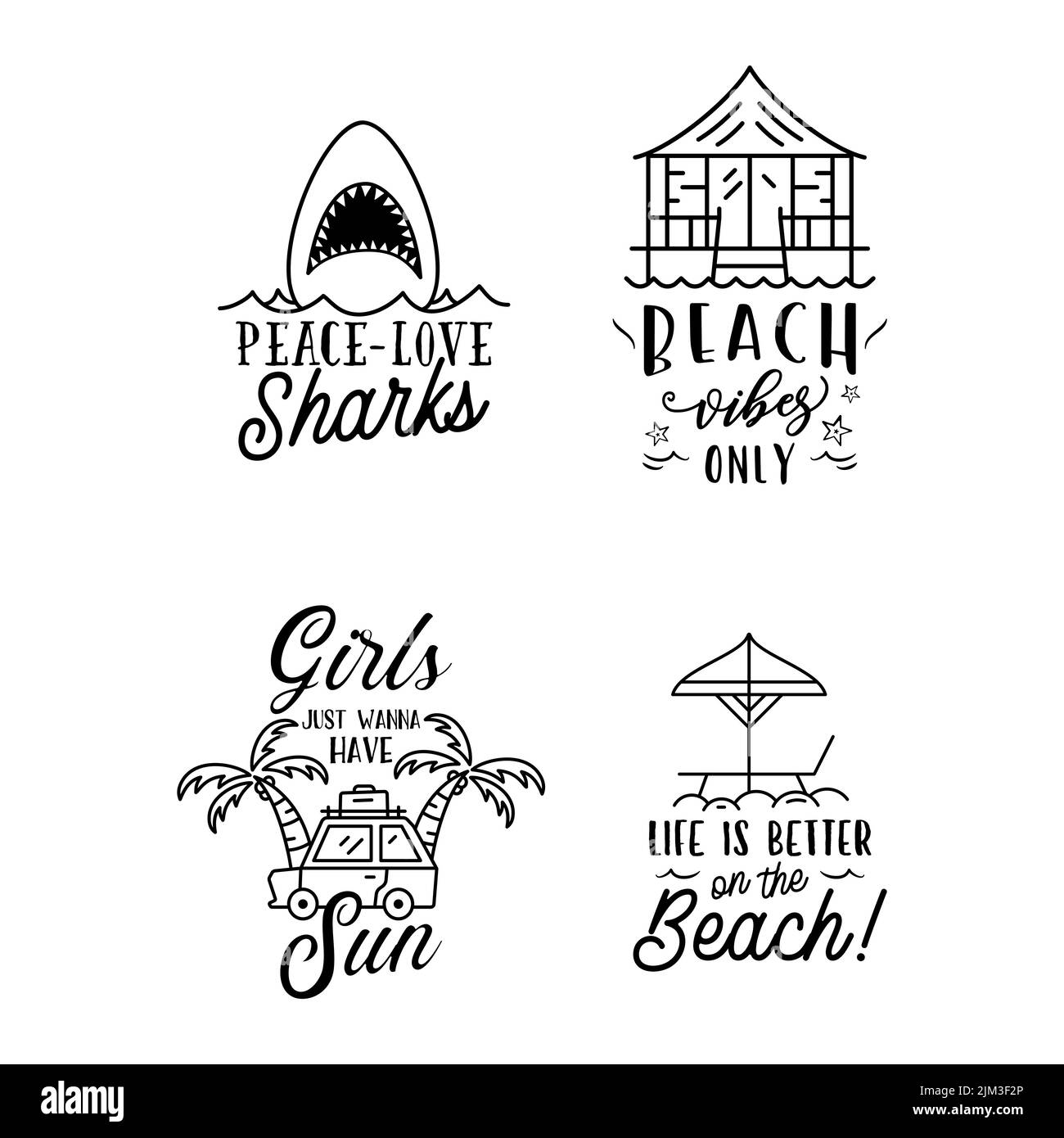 Badge estivi con citazioni e detti diversi - Peace Love Sharks. Loghi retro spiaggia. Etichette e emblemi da surf vintage. Grafica vettoriale stock Illustrazione Vettoriale