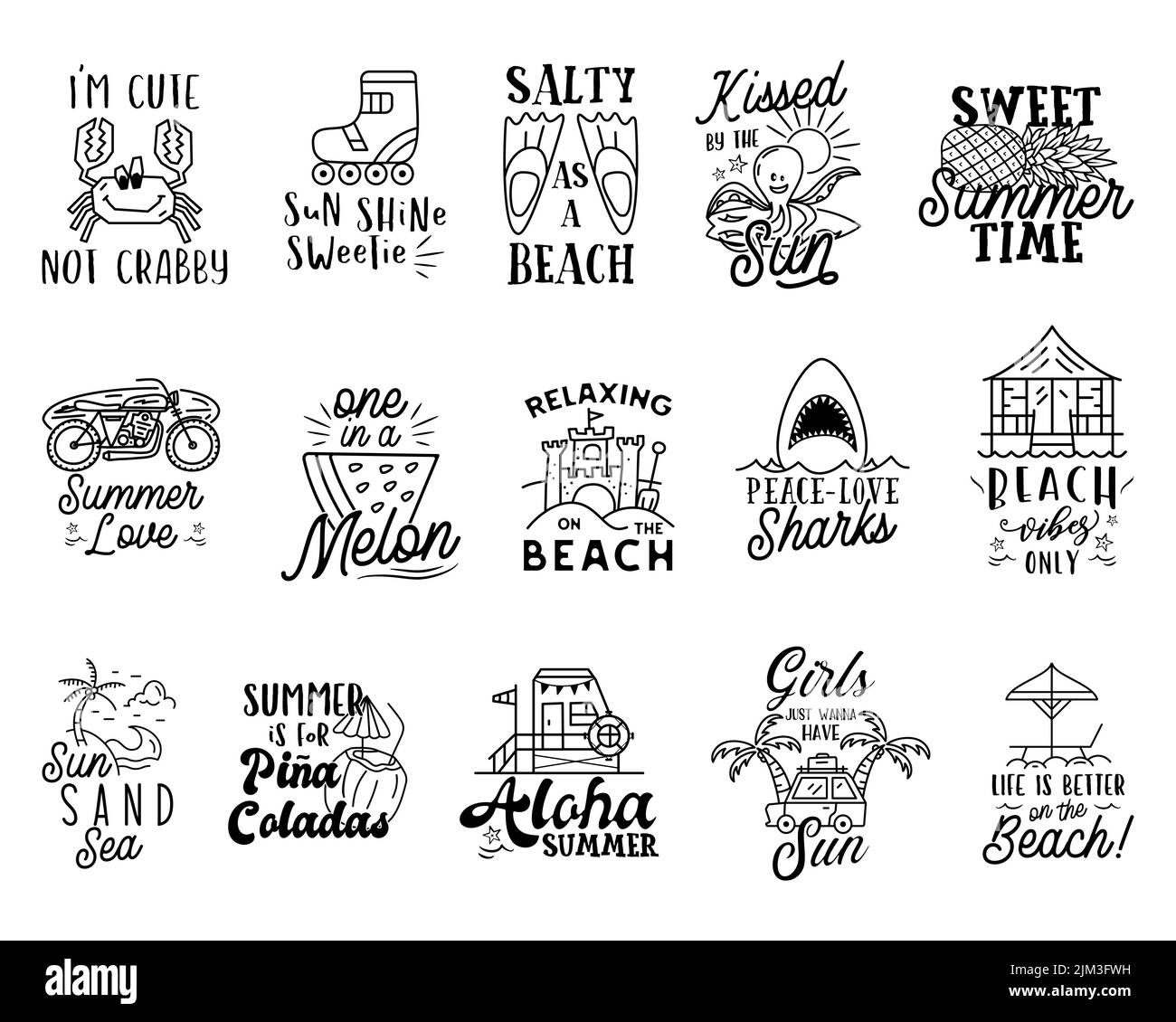 Estate badge grande set con diverse citazioni e detti - Sweet Summer Time. Loghi retro spiaggia. Etichette e emblemi da surf vintage. Vettore stock Illustrazione Vettoriale