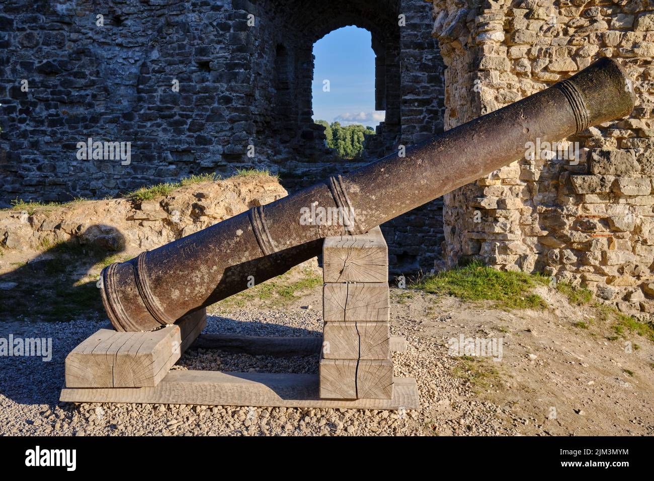 Le rovine del castello medievale di Koknese e un vecchio cannone, Koknese, Lettonia Foto Stock