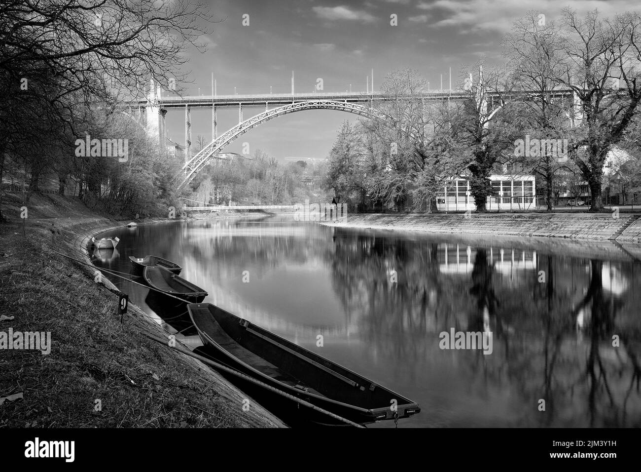 Una splendida vista in scala di grigi di un fiume che attraversa il parco con alberi a Berna, in Svizzera Foto Stock