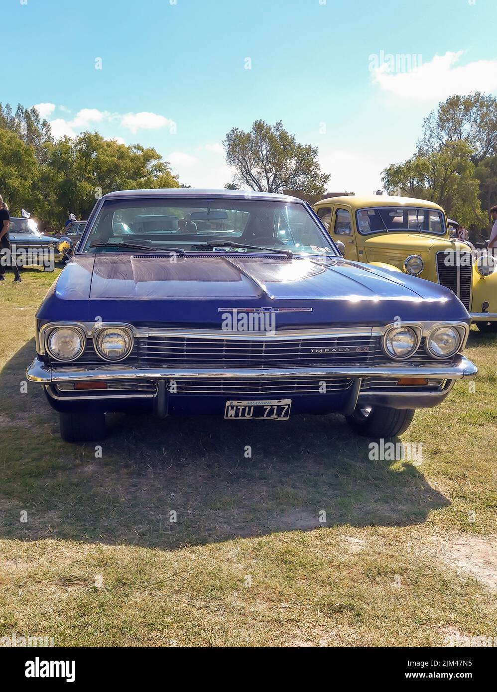 Vecchio blu popolare Chevrolet Chevy Impala SS Super Sport fine 1960s da GM in campagna. Natura, erba e alberi. Spettacolo di auto classica. CopySpace Foto Stock