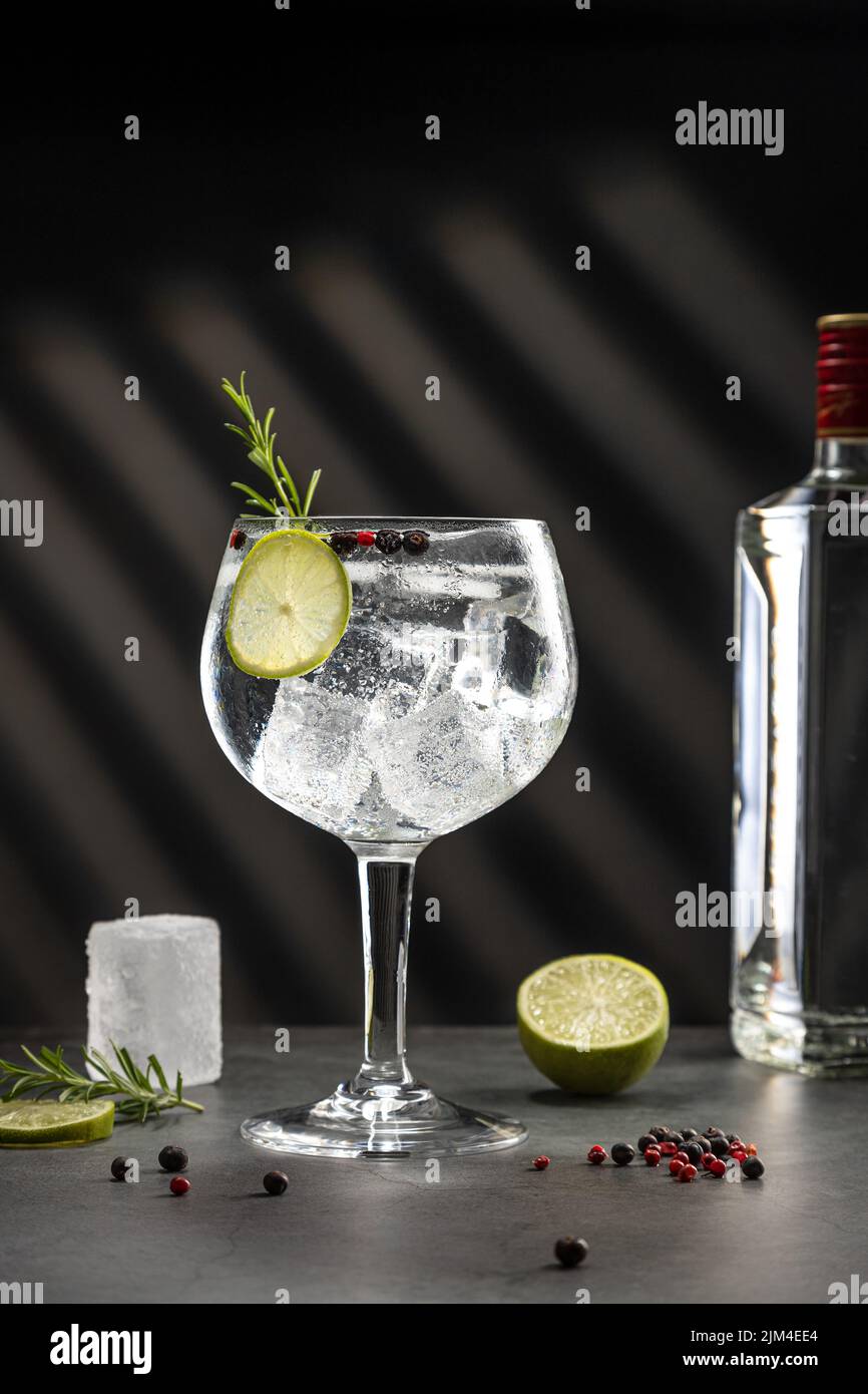 Vetro freddo di gin tonico con ghiaccio e ombre dure su sfondo grigio scuro con spazio di copia. Formato verticale. Foto Stock