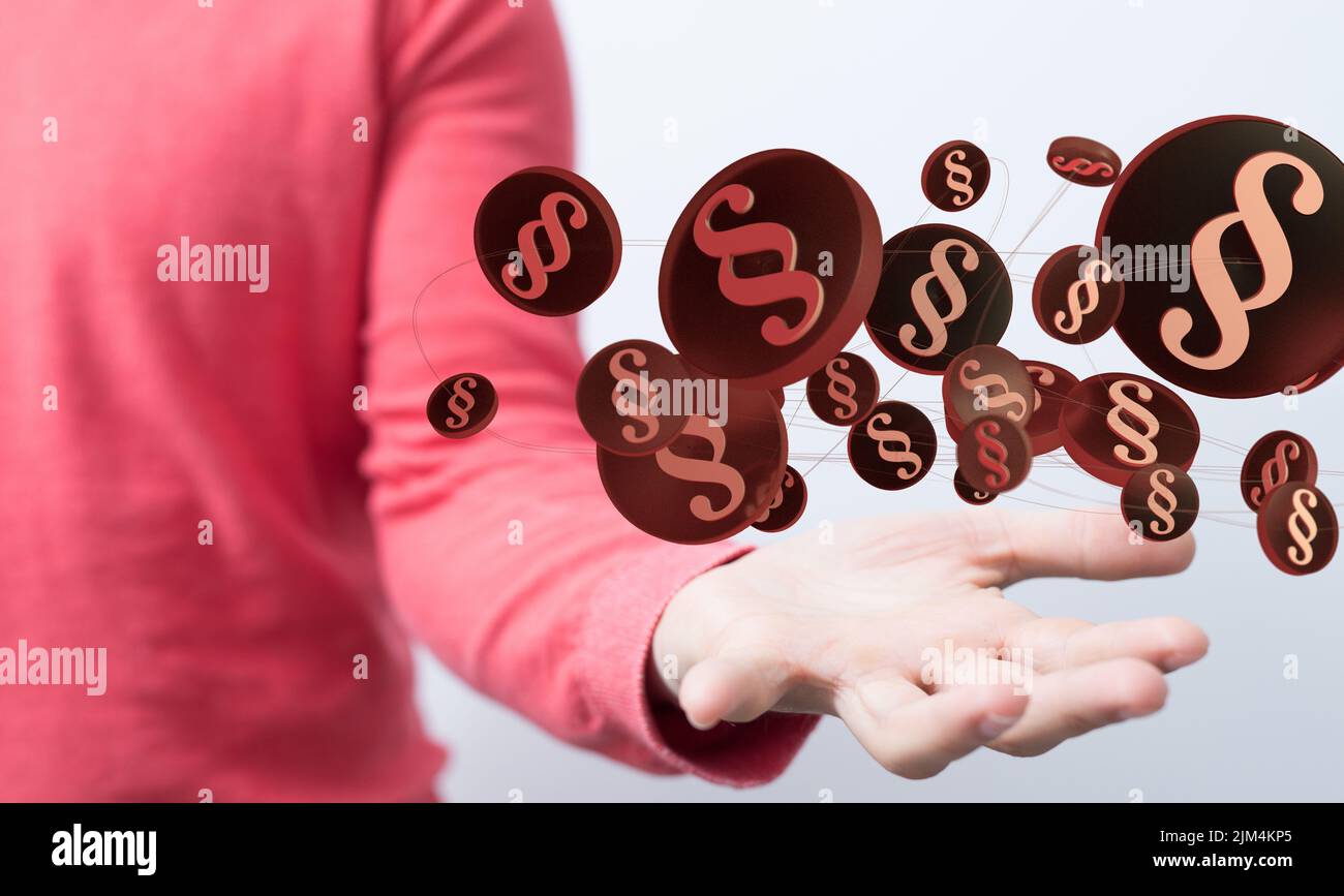 La mano di una persona con icone di paragrafo illustrative che galleggiano sopra una mano. Concetto di comunicazione. Foto Stock