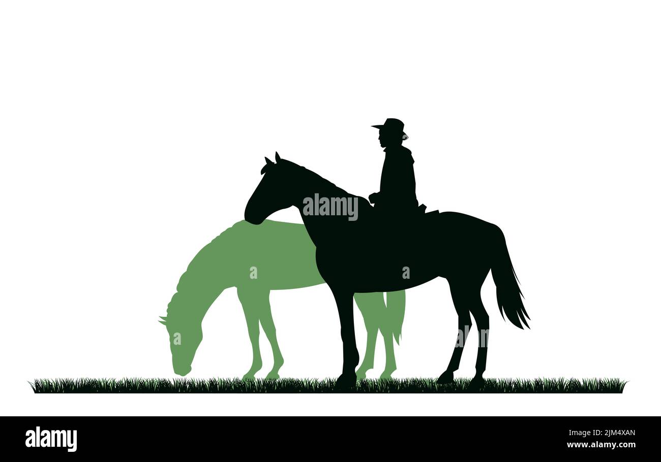 Pastore pascola i cavalli in pascolo. Figura silhouette. Animali da fattoria. Animali domestici tradizionali. Isolato su sfondo bianco. Vettore Illustrazione Vettoriale