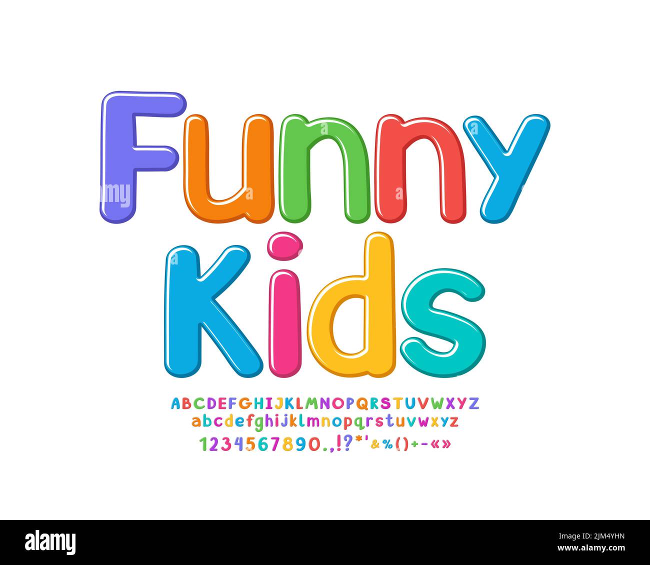 Simpatico carattere giocoso colori luminosi per i bambini design e creatività. Set di caratteri grassetto disegnati a mano con lettere maiuscole e minuscole e numeri Illustrazione Vettoriale