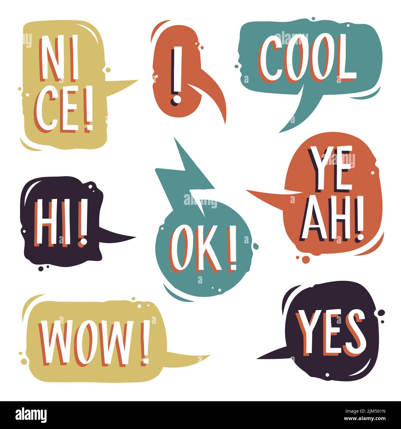 Set vettoriale di bolle vocali con frasi brevi. Set di finestre di dialogo disegnate a mano in stile cartone animato Illustrazione Vettoriale