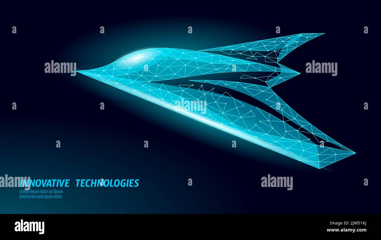 3D combattimento drone basso poly concetto. Veicolo aereo militare senza equipaggio campo di battaglia UAV acquisizione target. Esercito aereo drone di guerra colpisce vettore di conflitto Illustrazione Vettoriale