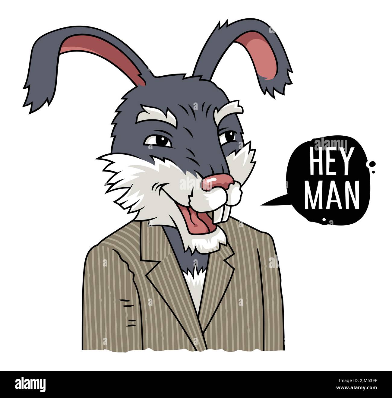 Illustrazione vettoriale di un coniglio in un abito classico e bolla di discorso con frase Hey man Illustrazione Vettoriale