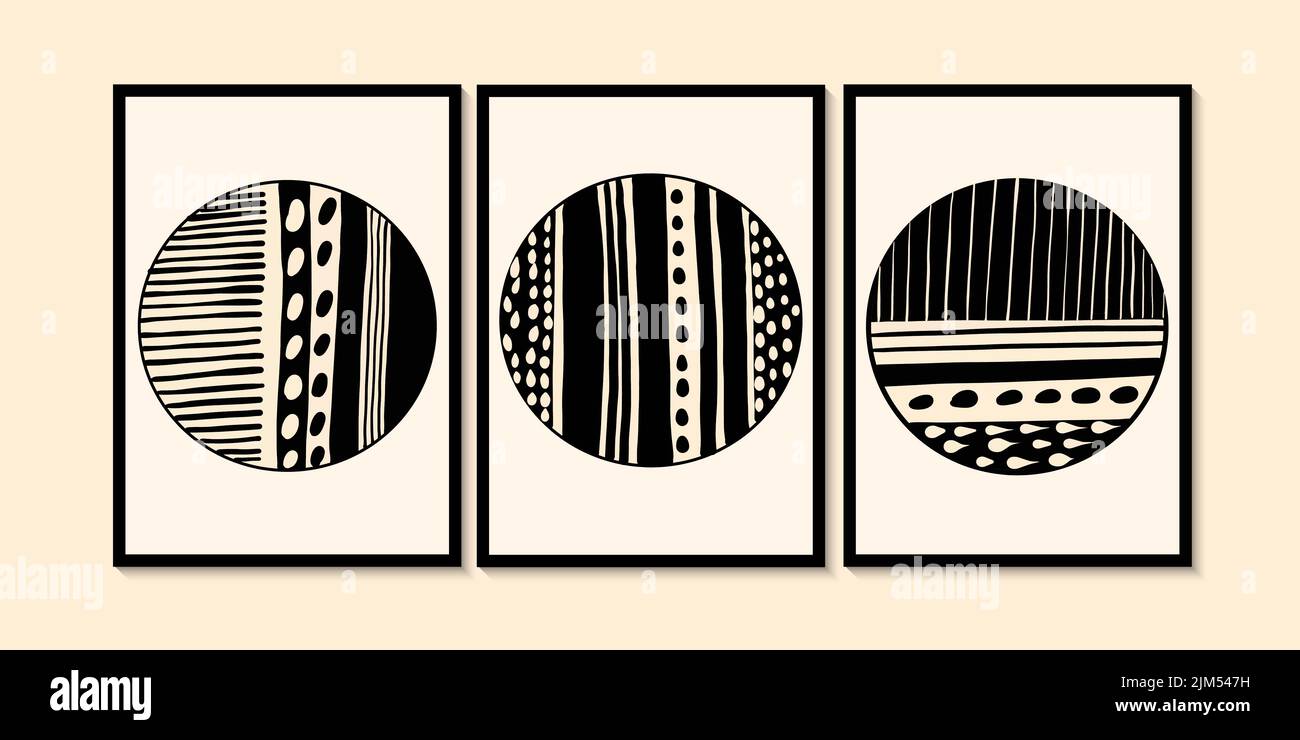 Schema di linea rotonda astratto. Murali art minimal in siyah, bej colori. Stile linea semplice. Forme geometriche nere, cerchi, modello creativo moderno. Illustrazione Vettoriale