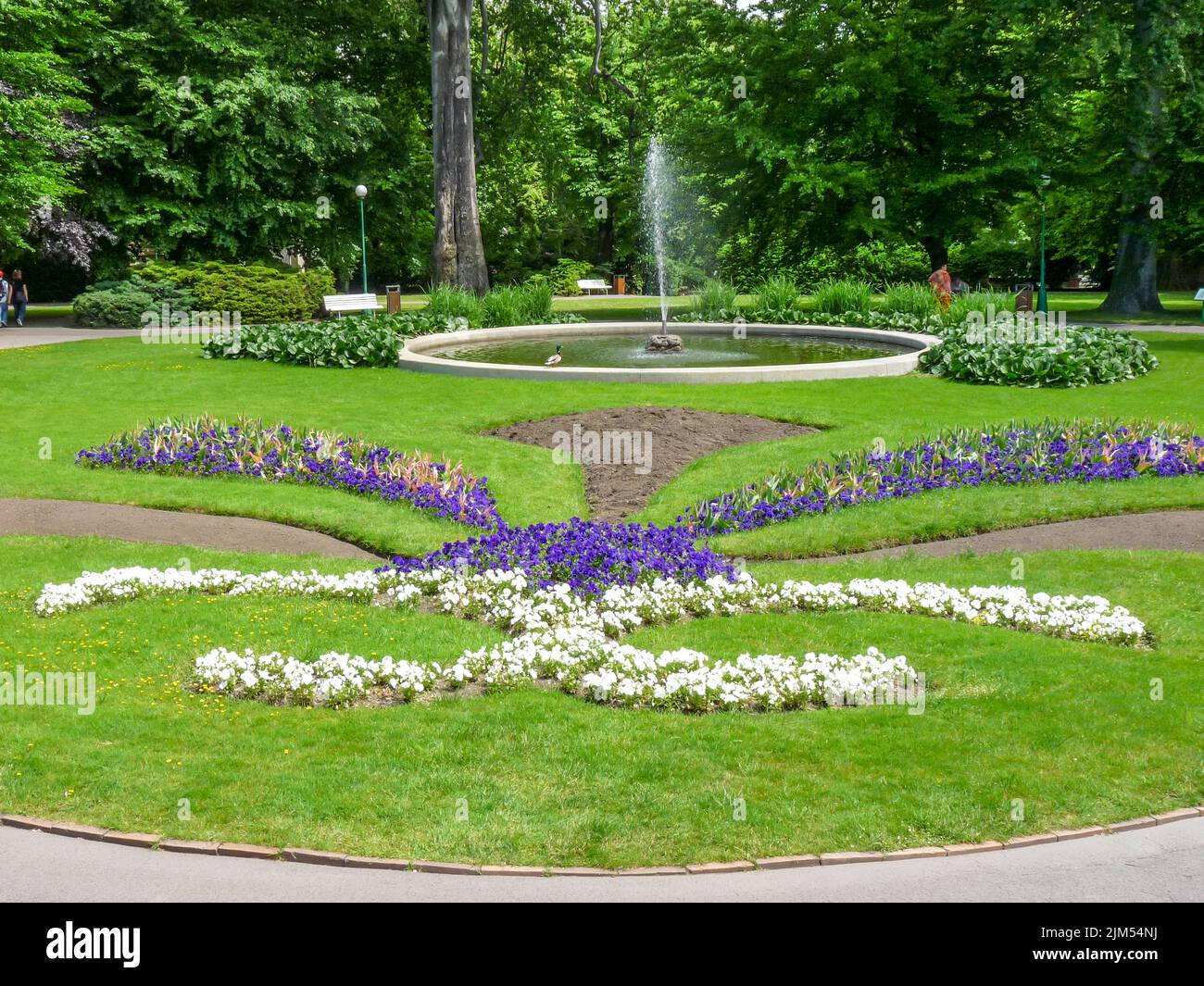 Un primo piano di aiuole fiorite in un parco pubblico di Praga Foto Stock