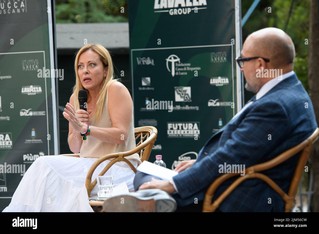 Marina di Pietrasanta, italia. 04 agosto 2022. Incontri al caffe della Versiliana, nella foto Giorgia Meloni, capo dei fratelli d'italia. Stefano dalle Luche / Alamy Live News. Foto Stock