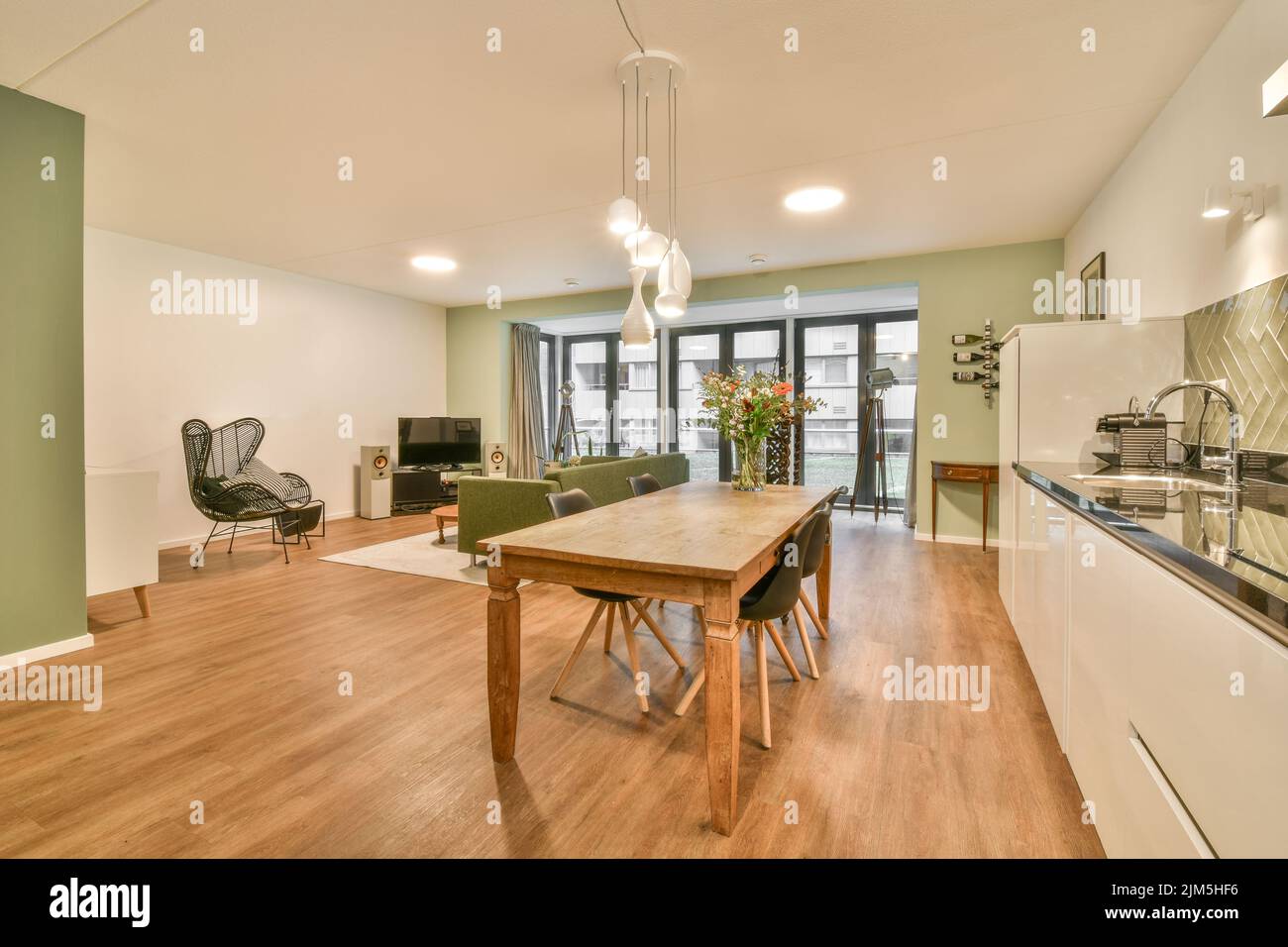 Appartamento monolocale con pareti bianche, cucina a pianta aperta e zona pranzo con divano in soggiorno Foto Stock