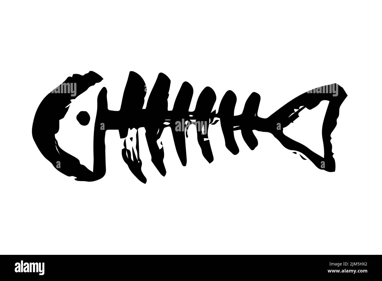 Scheletro di ossa di pesce dipinto a mano con pennellata di inchiostro, isolato su sfondo bianco. Illustrazione del vettore grunge Illustrazione Vettoriale