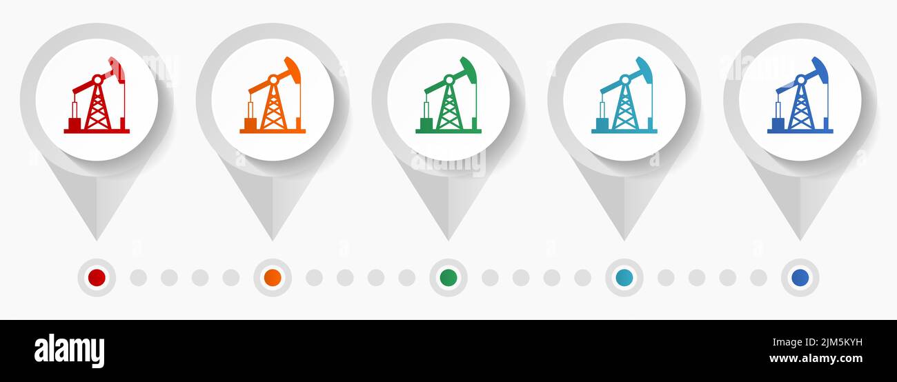 Industriale, icone vettoriali di concetto di pompa dell'olio, modello infografico facile da modificare, set di puntatori colorati a disegno piatto per webdesign e applicazioni mobili Illustrazione Vettoriale