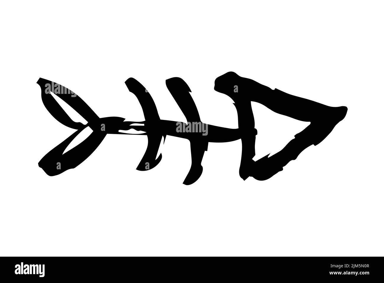 Scheletro di ossa di pesce dipinto a mano con pennellata di inchiostro, isolato su sfondo bianco. Illustrazione del vettore grunge Illustrazione Vettoriale