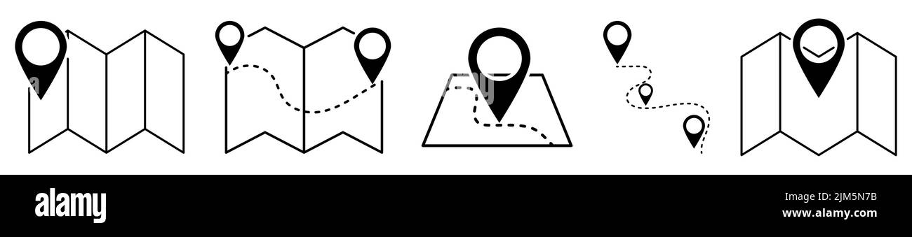 Set di mappe di contorno e icone PIN. Progettare applicazioni Web e mobili. Illustrazione vettoriale Illustrazione Vettoriale