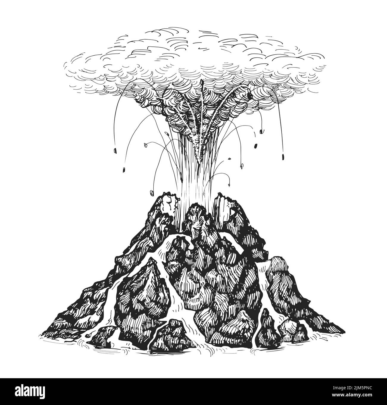Vulcano attivo che sputano la lava. Eruzione vulcanica e magma. Illustrazione di schizzo disegnata a mano in stile d'incisione vintage Illustrazione Vettoriale