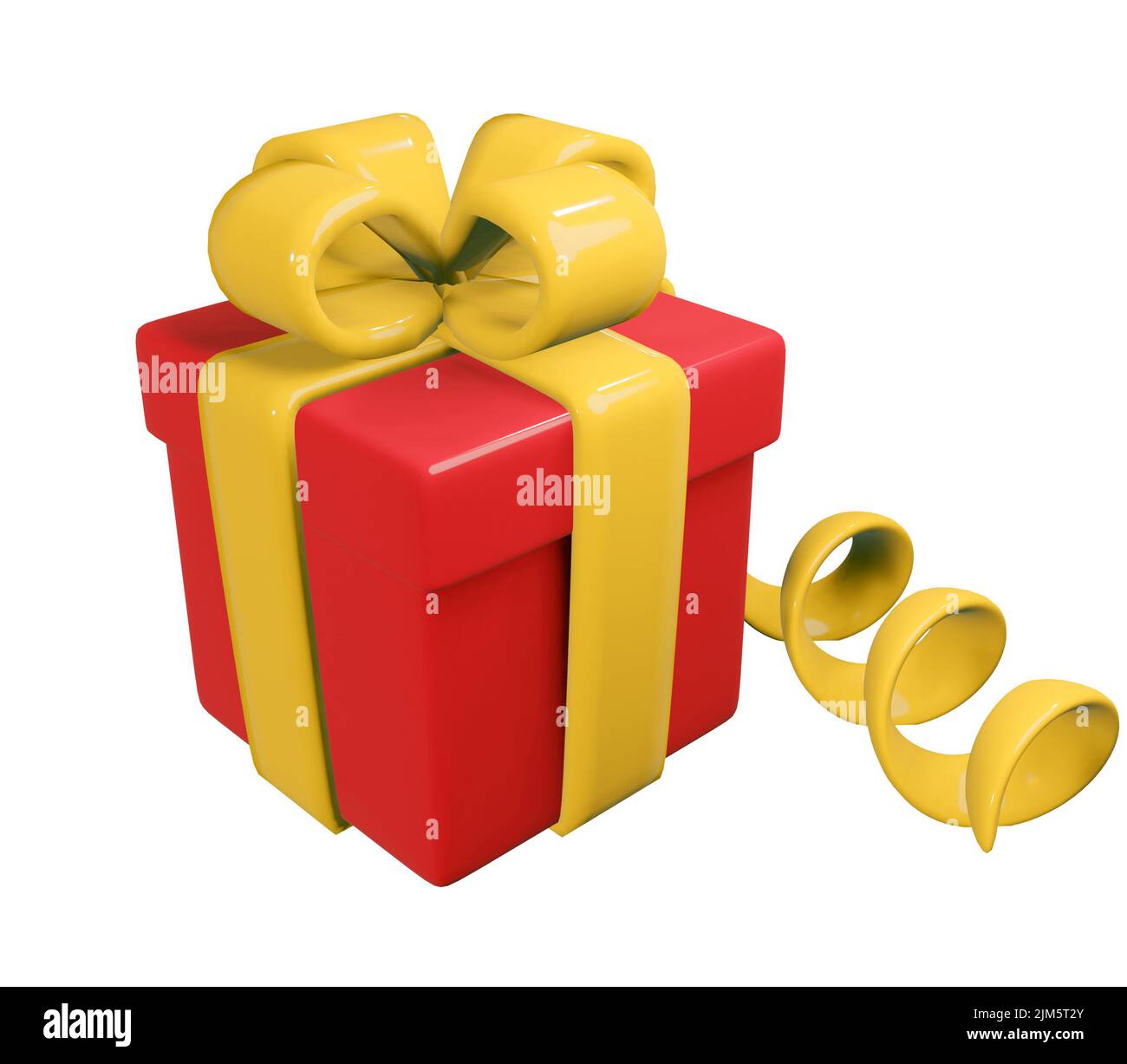 Scatola regalo rossa realistica con nastro giallo. Decorazioni natalizie presenti isolate su sfondo bianco. Sorpresa festiva. illustrazione di rendering 3d. Foto Stock