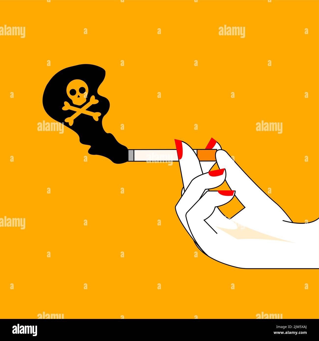 Mano di una donna che tiene sigaretta, illustrazione sugli effetti pericolosi del fumo di sigaretta Illustrazione Vettoriale