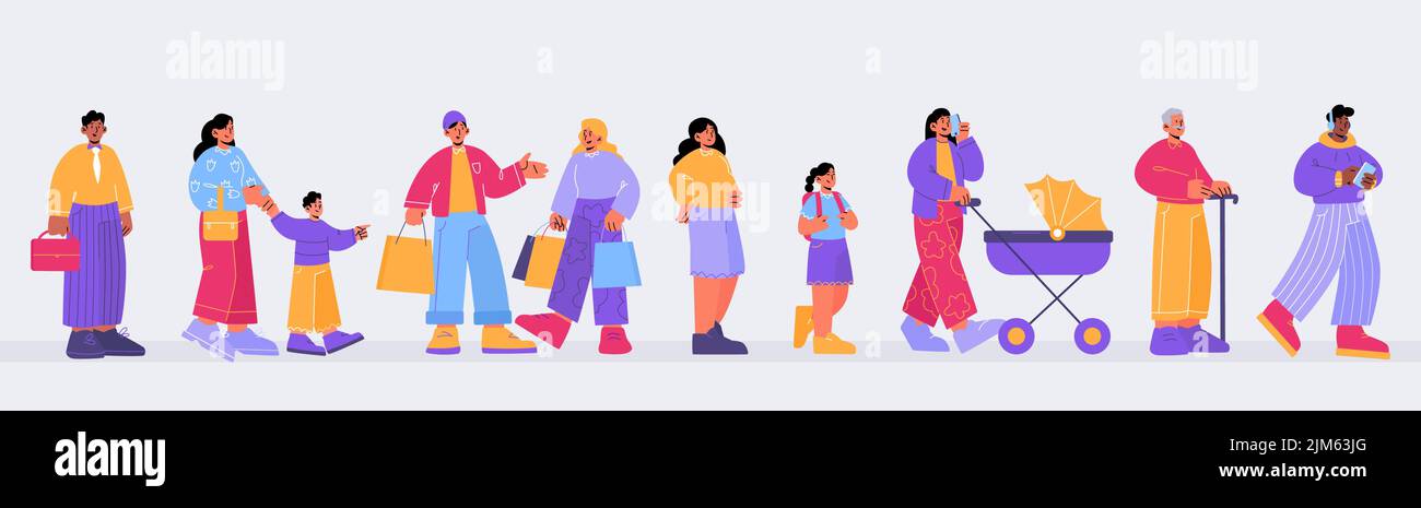 Le persone si levano in coda, diversi personaggi in attesa in linea presso atm, registrazione aeroporto, centro commerciale, negozio o banco cassa supermercato. Uomini, donne, bambini Queuing Line art flat vettoriale illustrazione Illustrazione Vettoriale