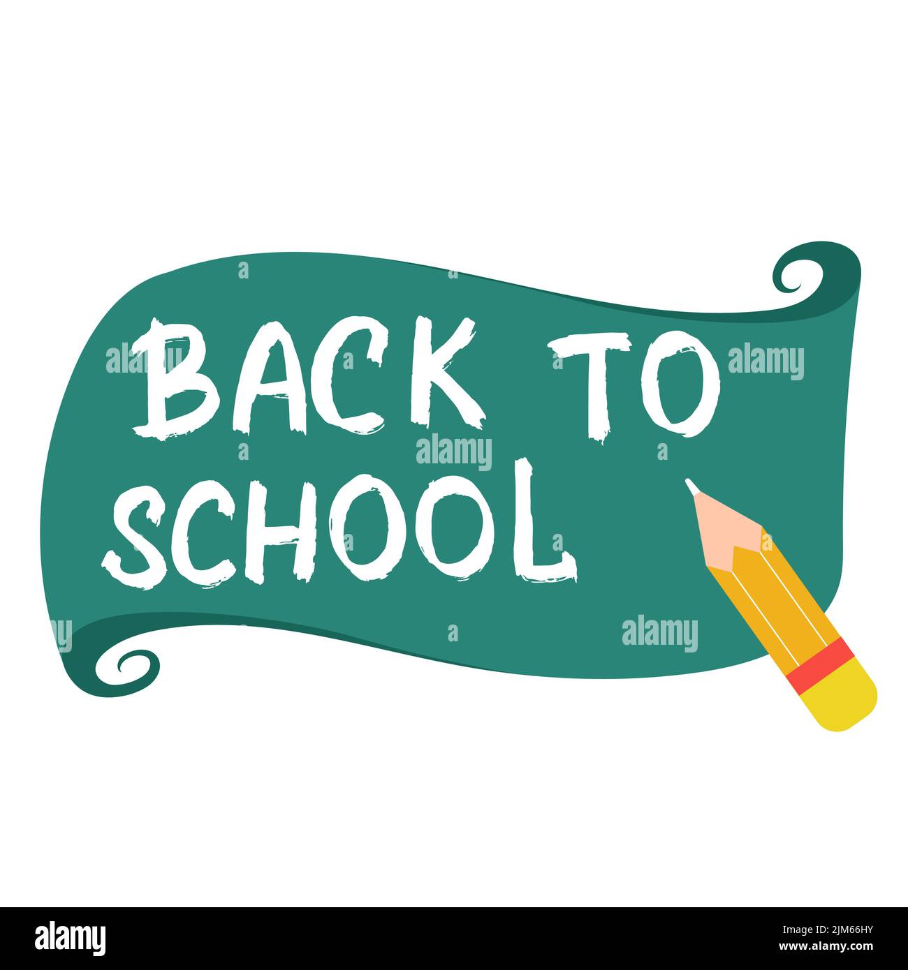 Banner di ritorno a scuola scritta a mano. Concetto di nuovo anno scolastico. Rotolo di carta con iscrizione di benvenuto. Iscrizione modello e vettore matita Illustrazione Vettoriale