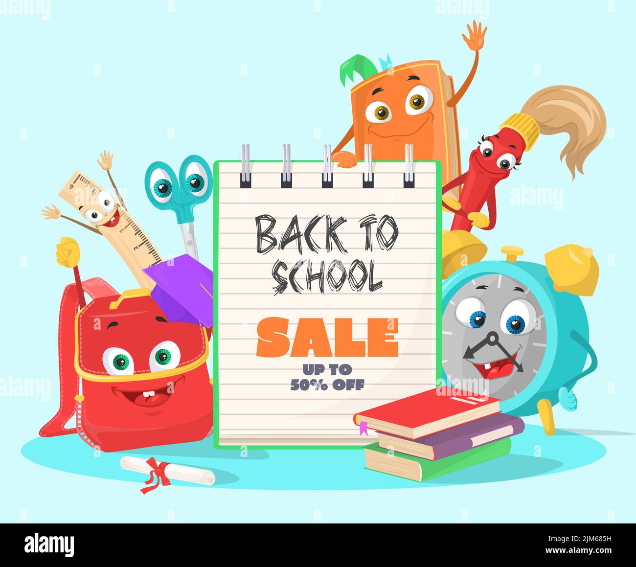 Torna a scuola vendita promozione vettore illustrazione. Sconti fino al 50% sulla pubblicità. Metà prezzo su articoli Education. Cancelleria della scuola wi Illustrazione Vettoriale