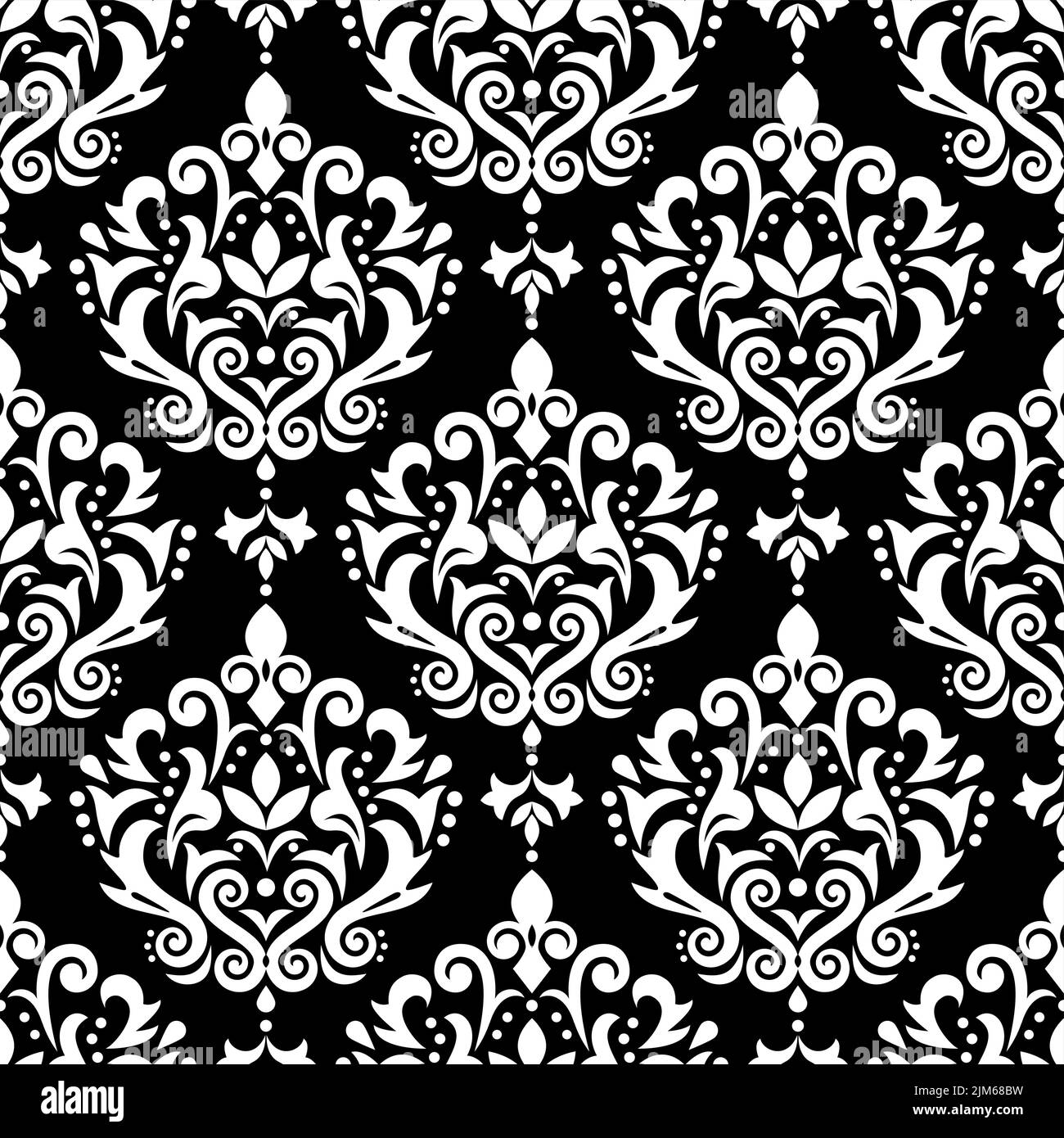 Damask elegante motivo vettoriale senza cuciture, tessuto vittoriano o disegno di stampa tessuto con fiori, vortici e foglie in bianco su nero Illustrazione Vettoriale