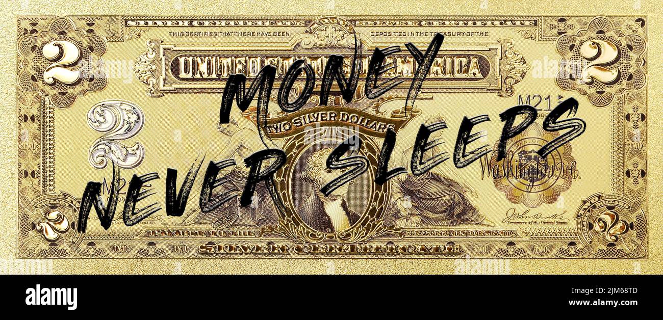 Un certificato d'argento da 1899 dollari con una scritta 'Money Never dorme' Foto Stock