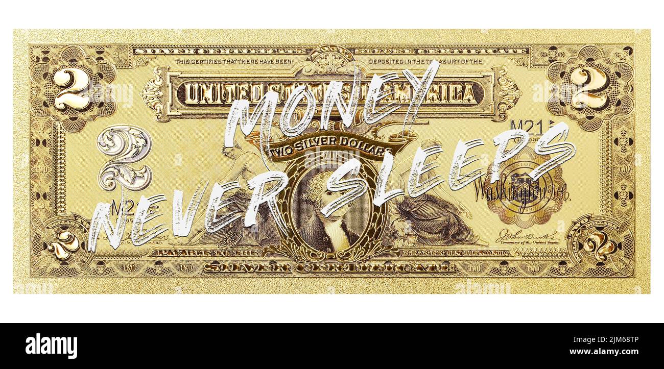 Un certificato d'argento da 1899 dollari con una scritta 'Money Never dorme' Foto Stock