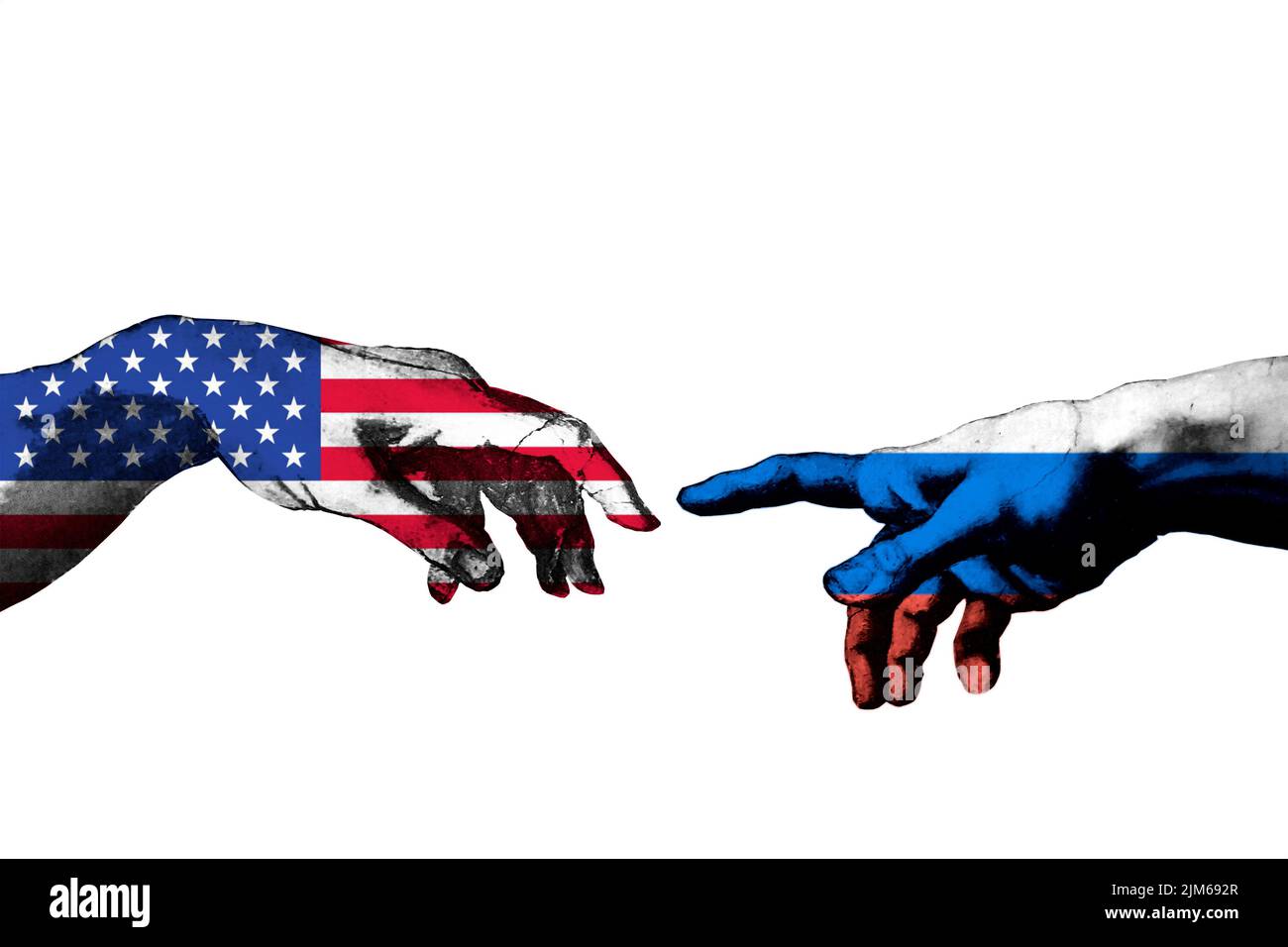 Un'illustrazione di due mani negli Stati Uniti e bandiere russe che si toccano a vicenda raffiguranti la pace Foto Stock