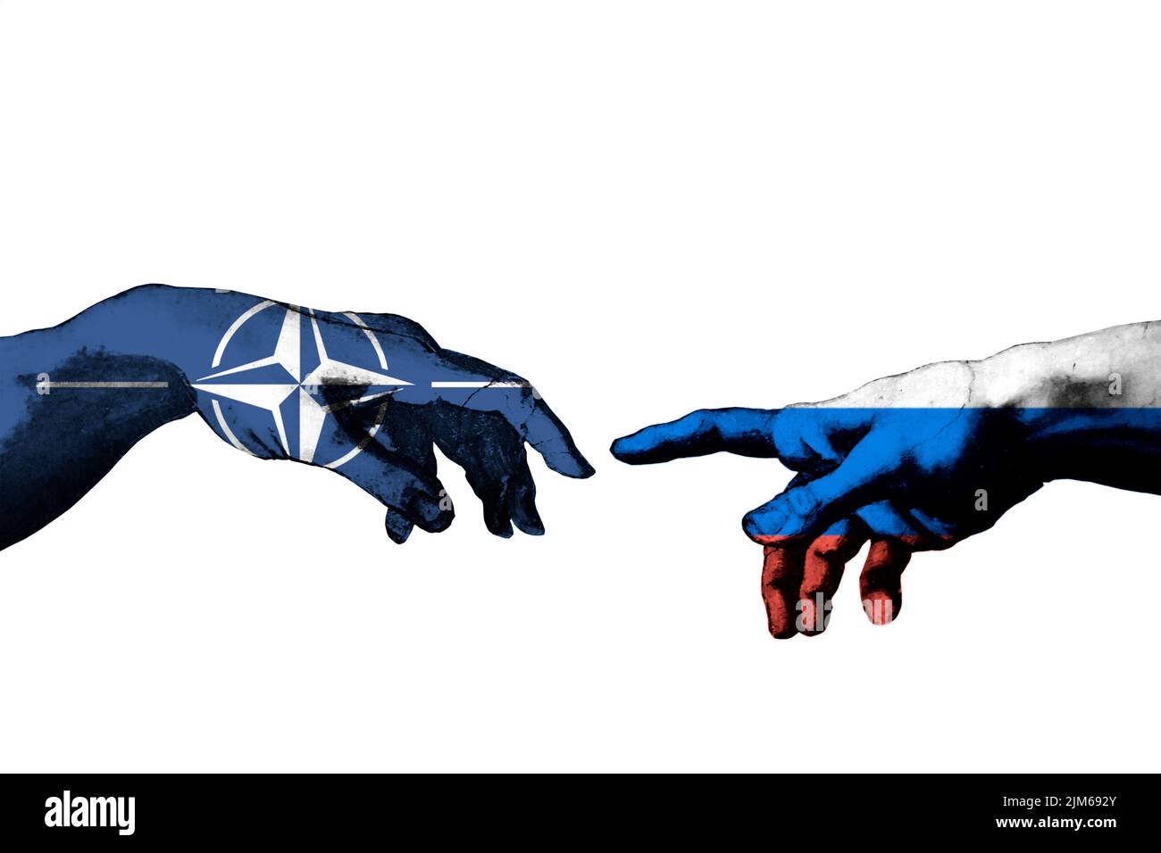 Un'illustrazione di due mani nelle bandiere della NATO e della Russia che si toccano a vicenda raffigurando la pace Foto Stock