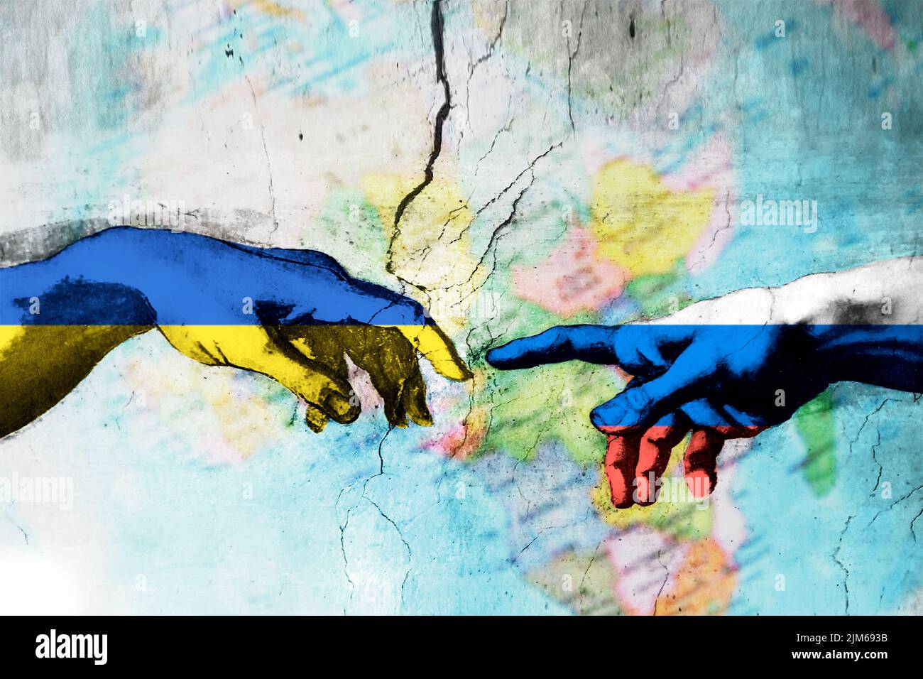 Un'illustrazione di due mani in Ucraina e bandiere russe che si toccano a vicenda raffiguranti la pace Foto Stock