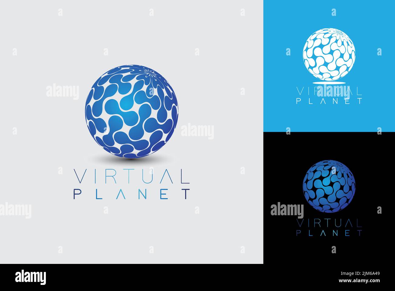 Moderno logo sci-fi 3D con sfera a forma di globo per l'azienda digitale globale o l'industria del gioco Illustrazione Vettoriale