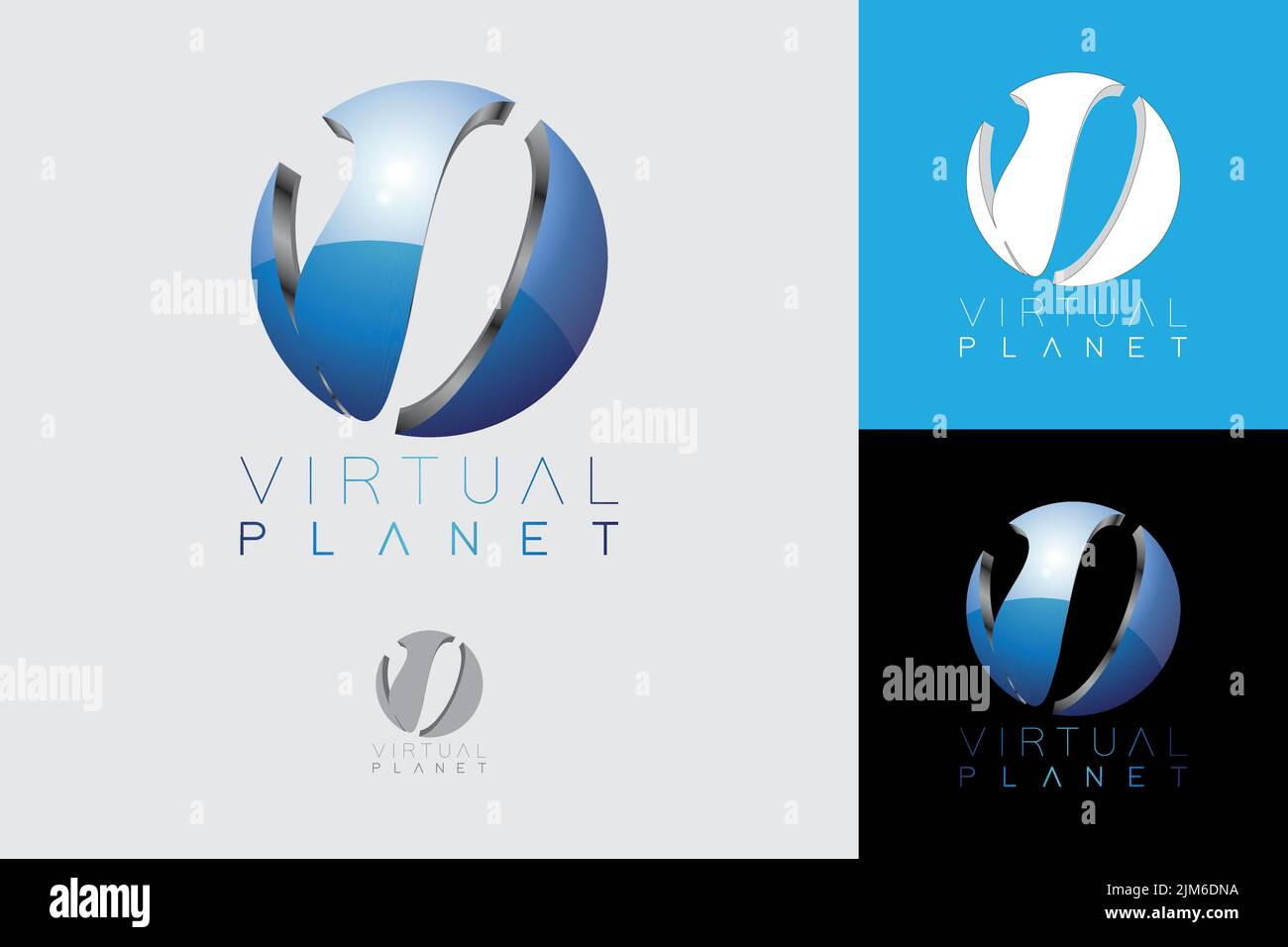 Moderno logo sci-fi 3D con sfera a forma di globo e lettera V per l'azienda digitale globale o l'industria del gioco Illustrazione Vettoriale
